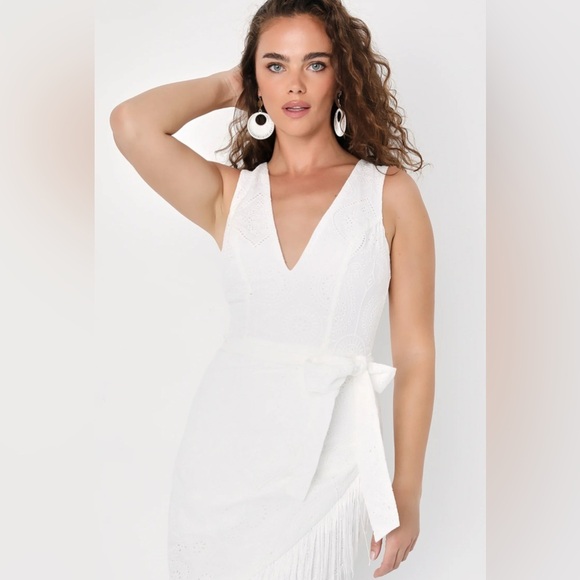 Lulus Always Ravishing White Cotton Eyelet Fringe Tulip Midi Dress - Picture 3 of 7